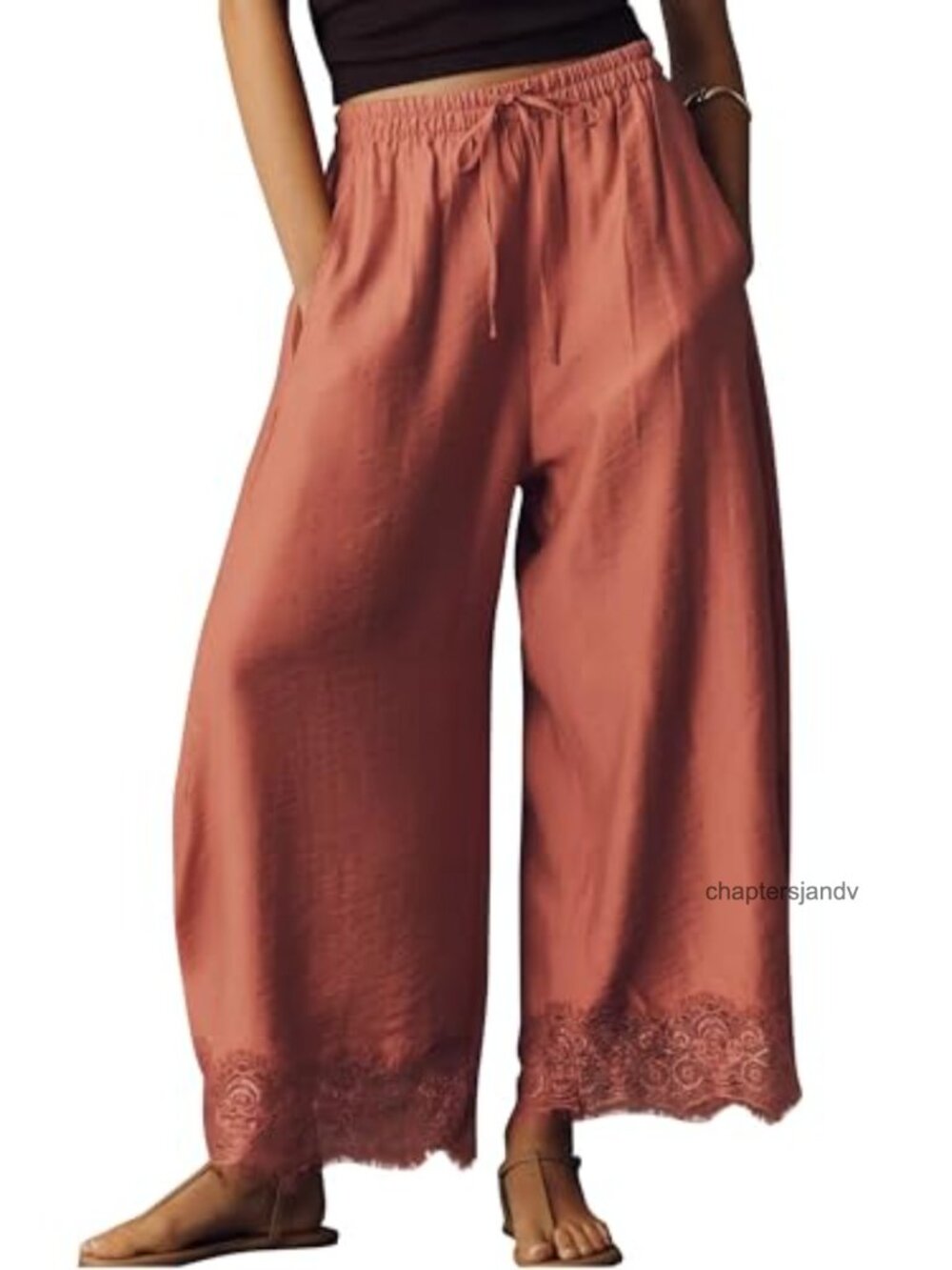 Cropped Lace Hem Wide Leg Pants Viscose Nylon Casual